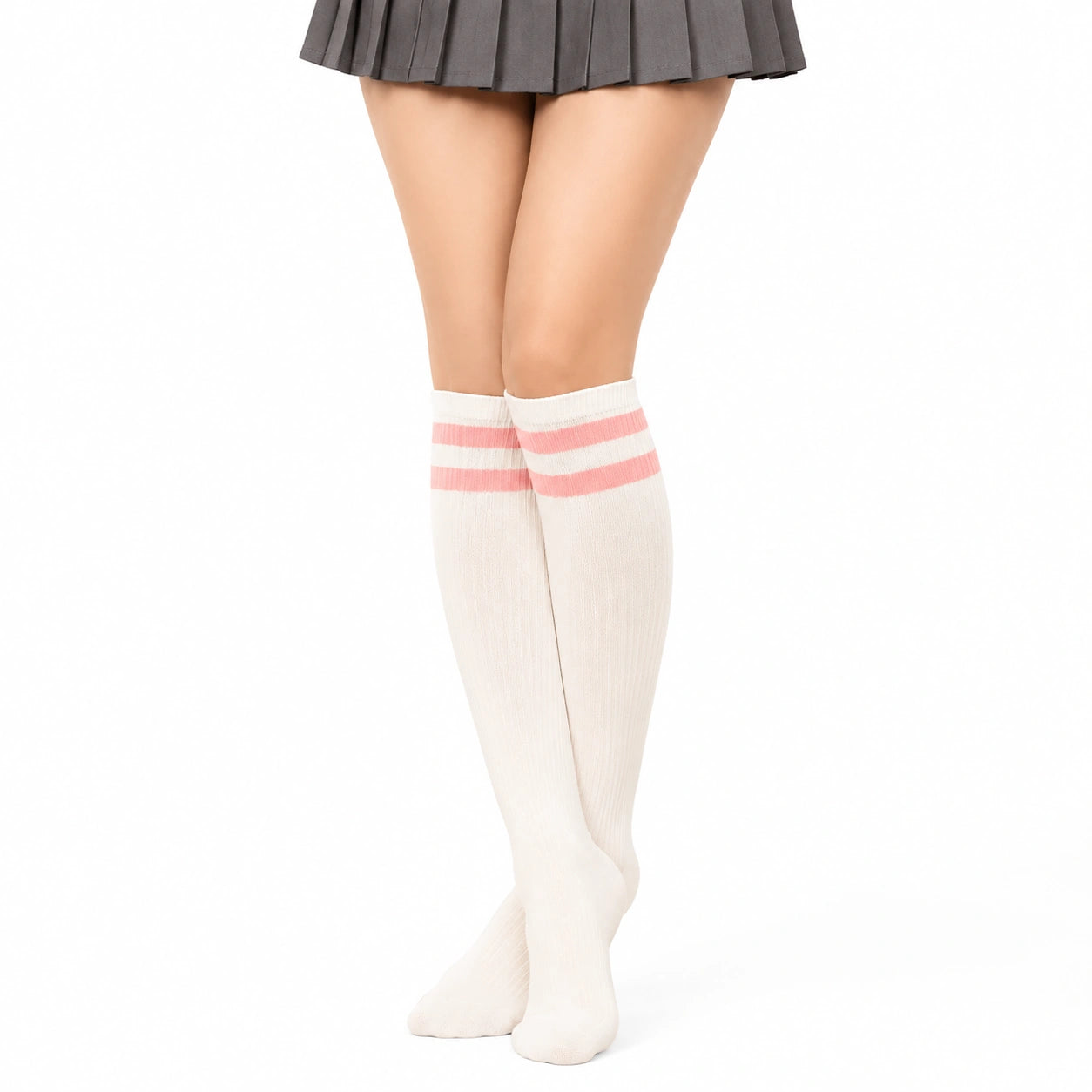 Calze lunghe donna 35-38 in cotone bianco e rosa a righe stile college