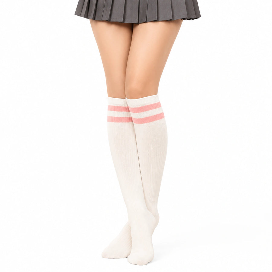 Calze lunghe donna 35-38 in cotone bianco e rosa a righe stile college