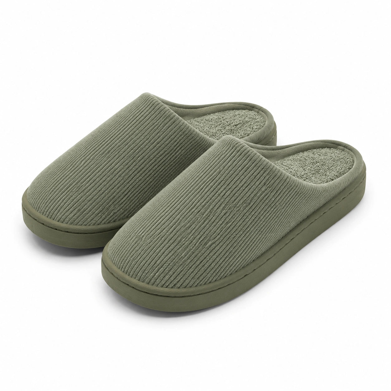 Pantofole da casa 42/43 in tessuto a coste verde oliva con suola antiscivolo